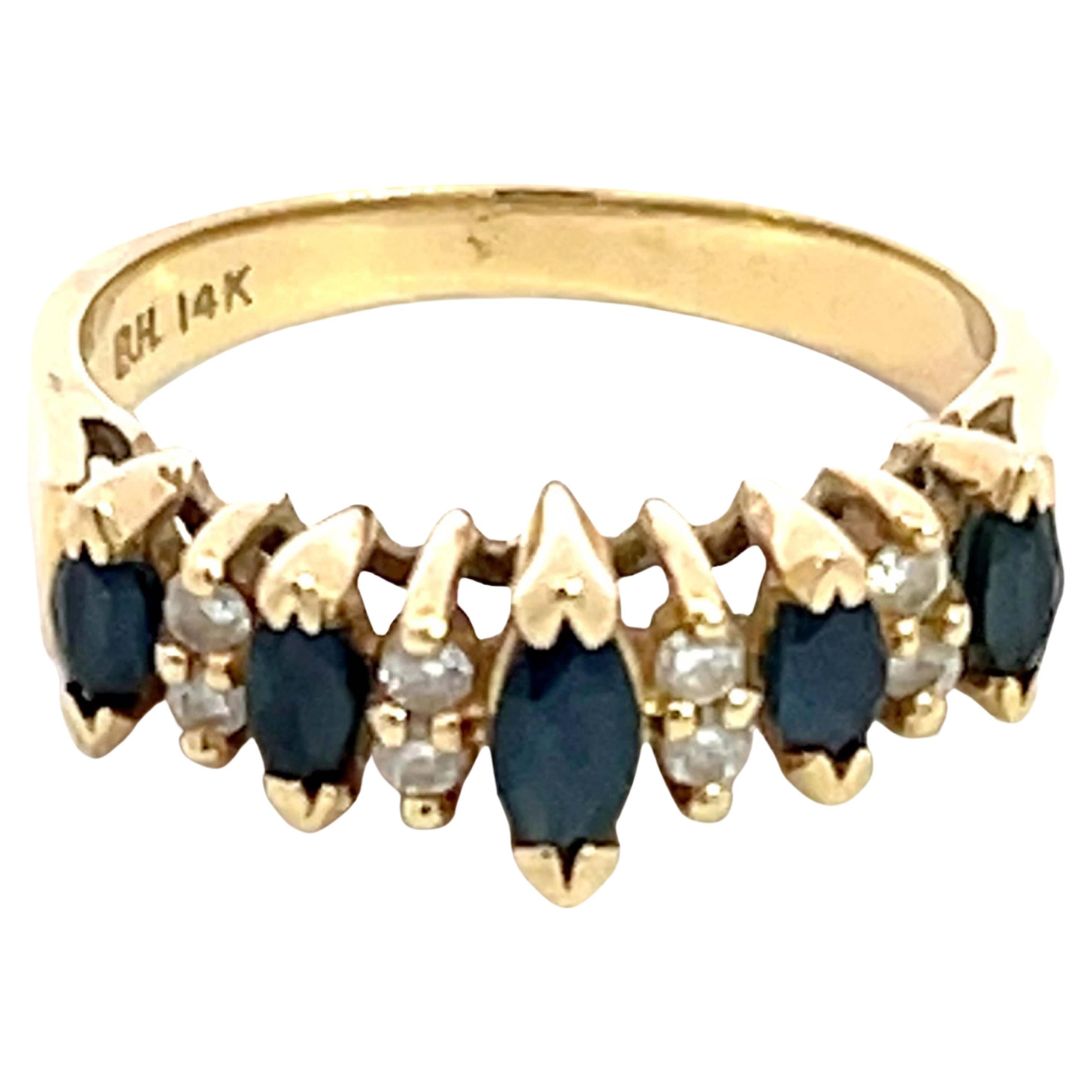 Marquise Blue Sapphire and Diamond Band Ring in 14k Yellow Gold For Sale