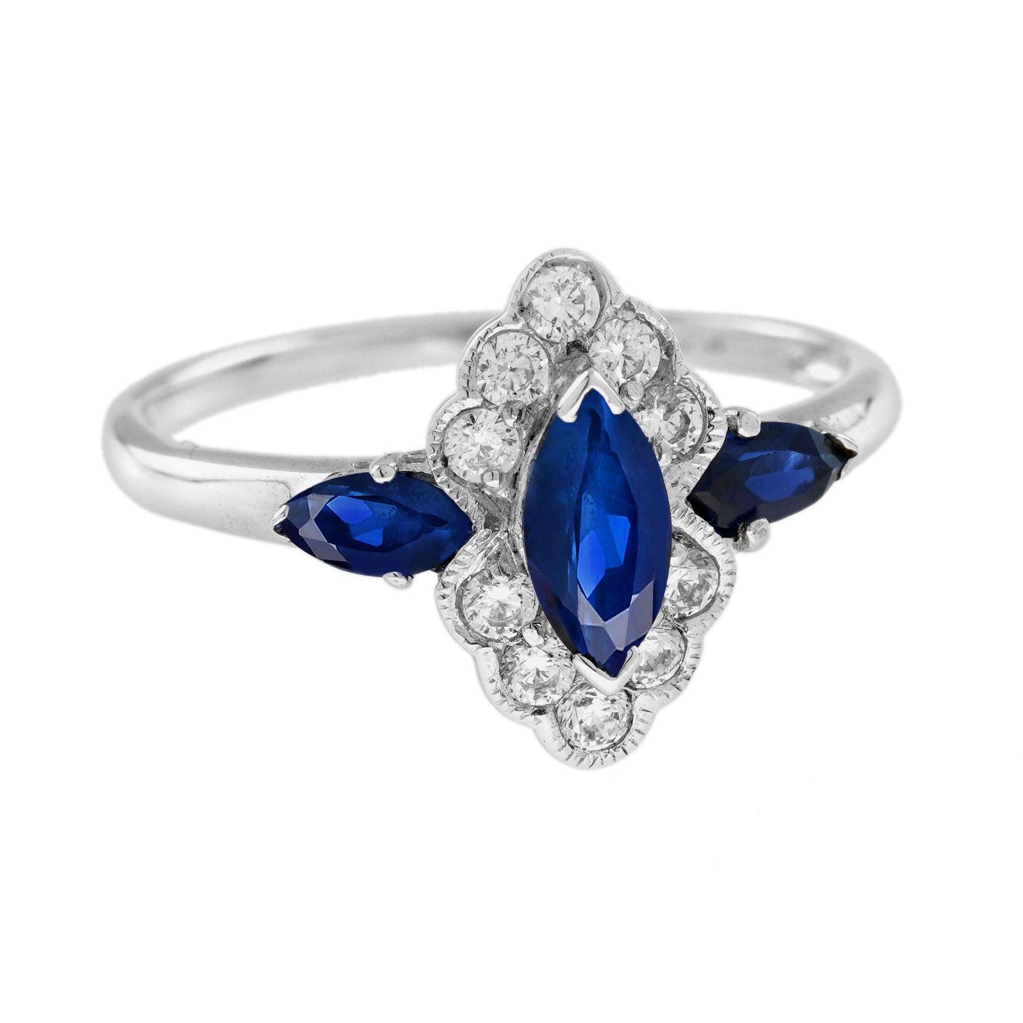 For Sale:  Marquise Blue Sapphire and Diamond Halo Ring in 14K White Gold 3