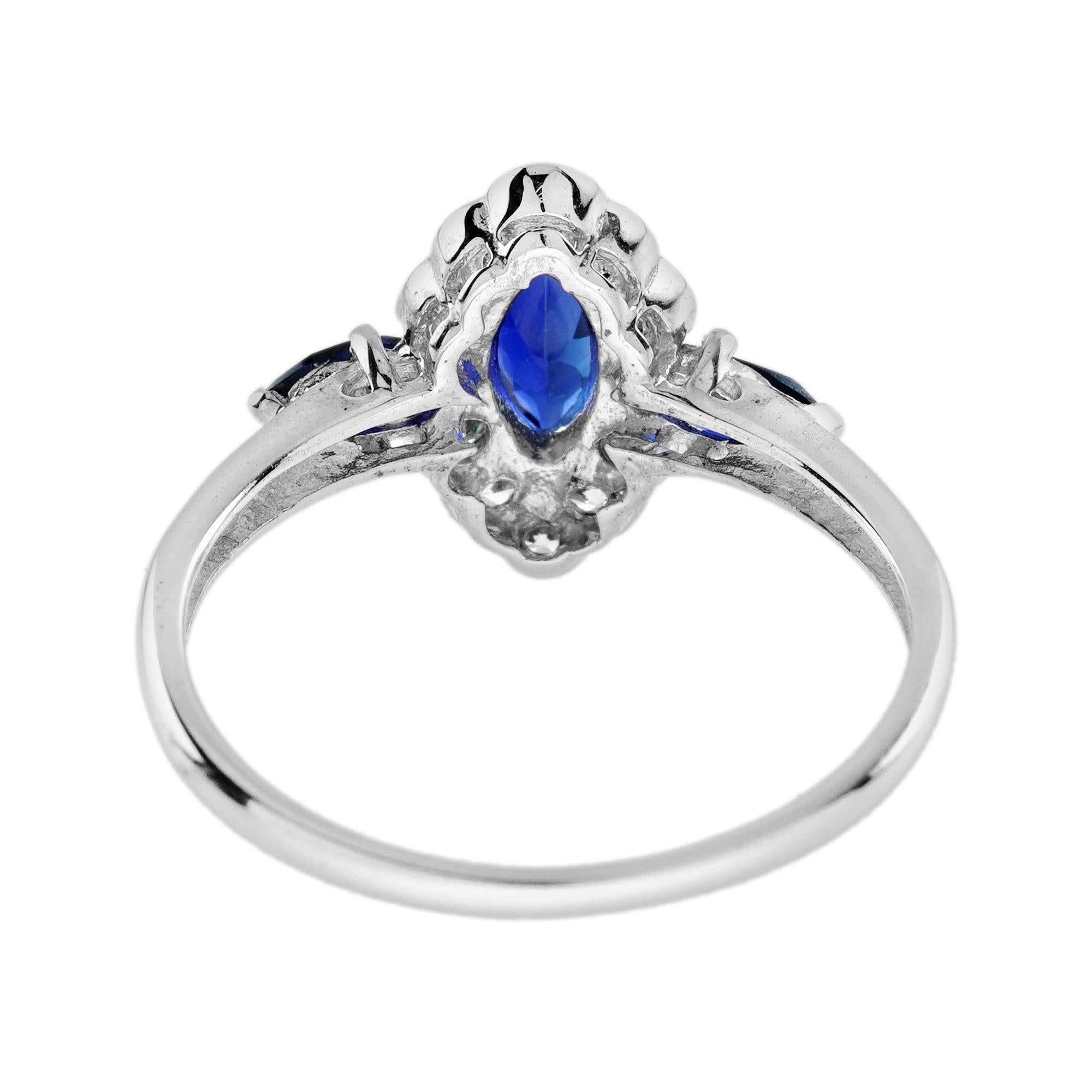 For Sale:  Marquise Blue Sapphire and Diamond Halo Ring in 14K White Gold 5