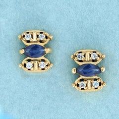 Marquise Blue Sapphire and Diamond Vintage Style Stud Earrings in Solid 9K Gold