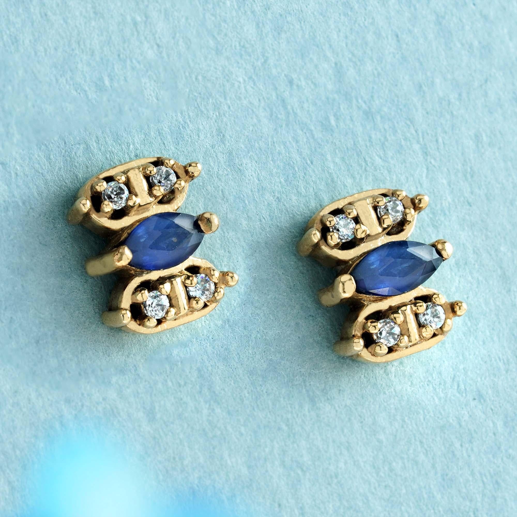 Art Deco Marquise Blue Sapphire and Diamond Vintage Style Stud Earrings in Solid 9K Gold For Sale