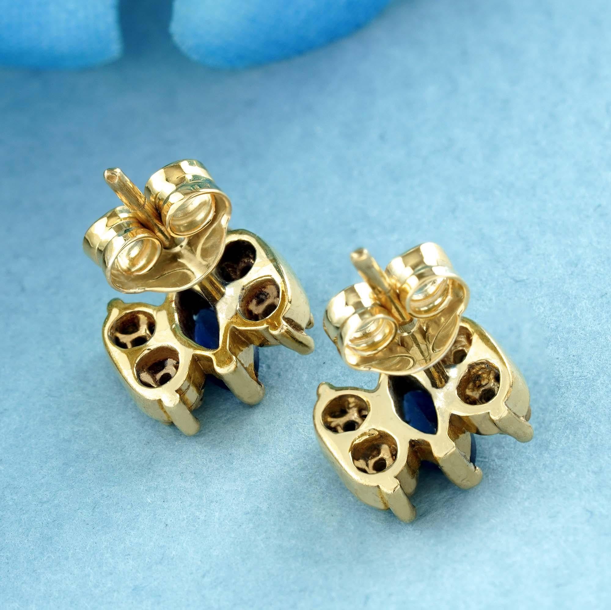 Marquise Cut Marquise Blue Sapphire and Diamond Vintage Style Stud Earrings in Solid 9K Gold For Sale