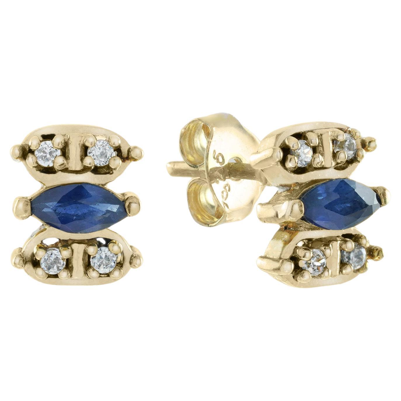 Marquise Blue Sapphire and Diamond Vintage Style Stud Earrings in Solid 9K Gold For Sale