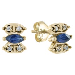 Boucles d'oreilles de style vintage en or massif 9K avec saphir bleu marquise et diamant