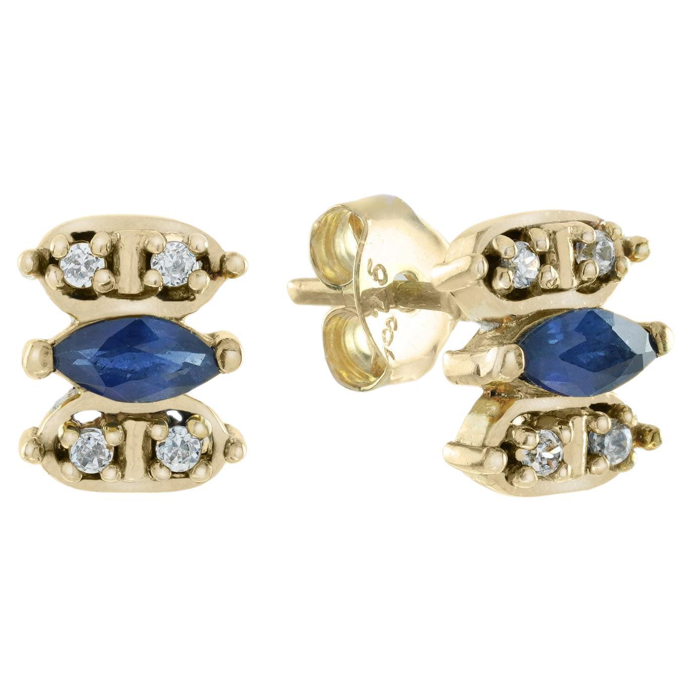 Pendientes estilo vintage de zafiro azul marquesa y diamante en oro macizo de 9 quilates