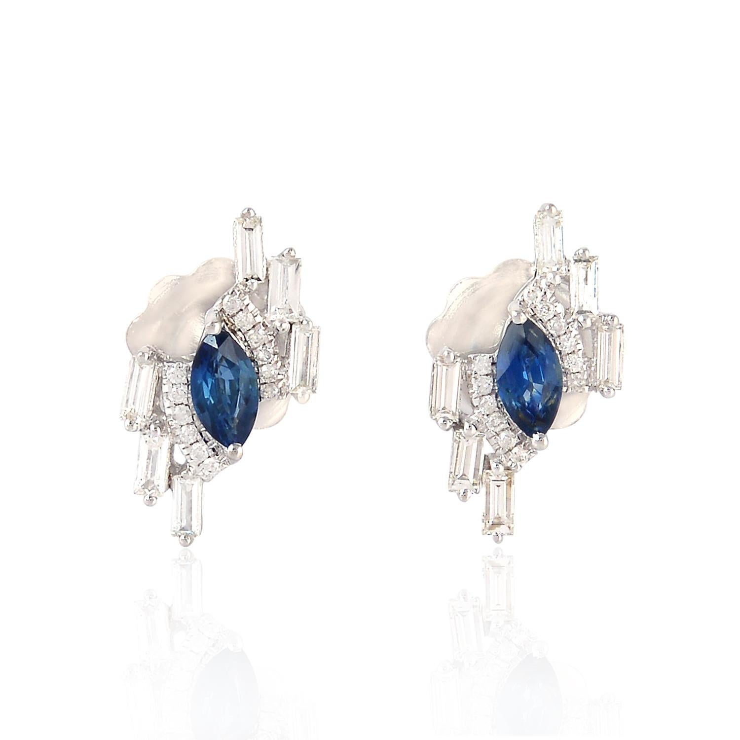 Modern Marquise Blue Sapphire Diamond 18 Karat Gold Stud Earrings For Sale
