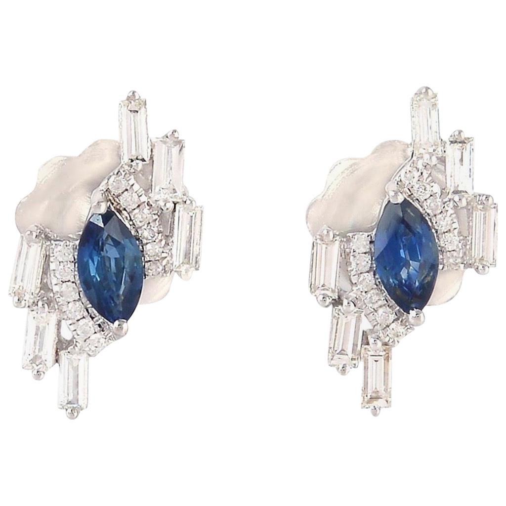 Marquise Blue Sapphire Diamond 18 Karat Gold Stud Earrings For Sale