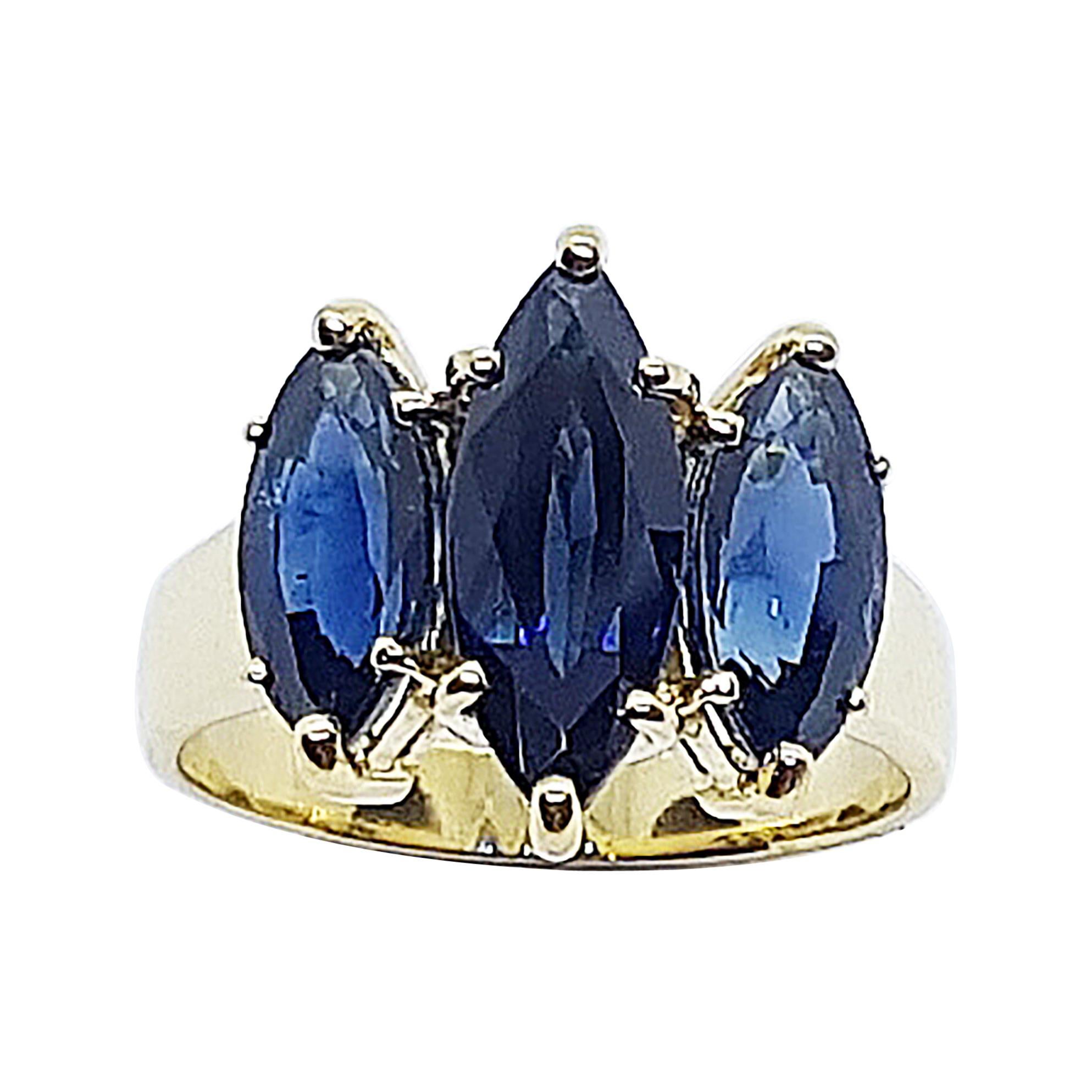Marquise Blue Sapphire Ring Set in 18 Karat Gold Settings For Sale
