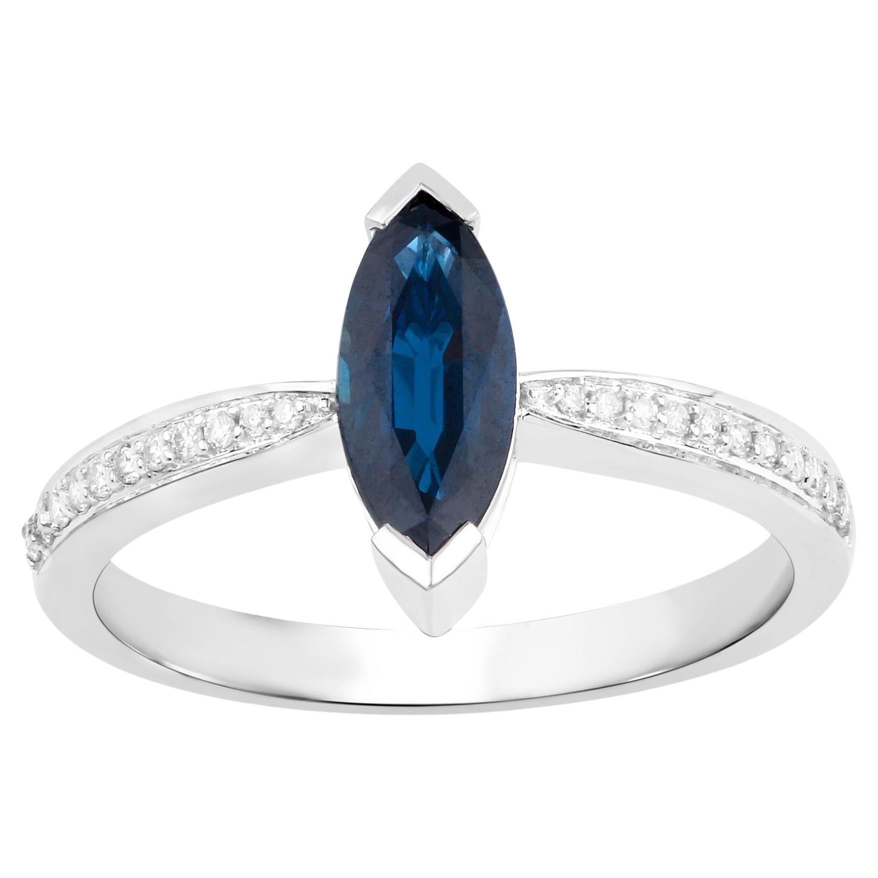 Marquise Blue Sapphire Ring With Diamonds 1.44 Carats 14K White Gold