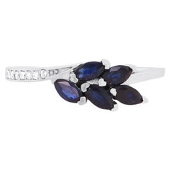 Marquise Blue Sapphire Round Diamond Feather Modern Fashion Ring Band 14K Gold