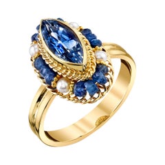 Marquise Blue Sapphire, Seed Pearl and Blue Sapphire Bead Yellow Gold Ring