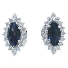 Marquise Blue Sapphire with Diamond Earrings Set in 18 Karat White Gold Settings