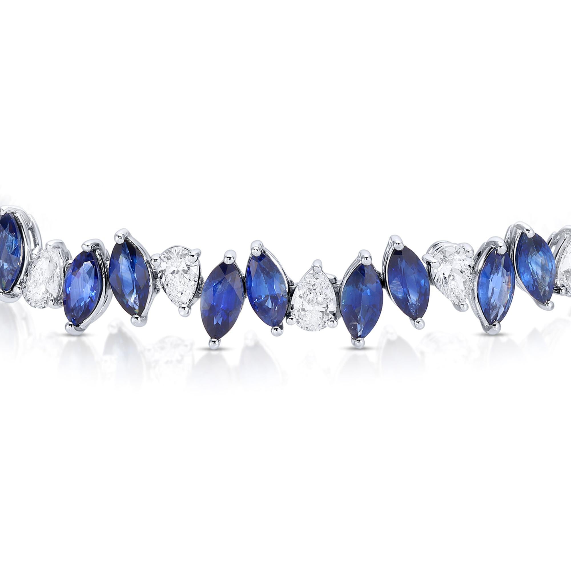 Contemporary Marquise Blue Sapphires and Pear Diamonds Tennis Bracelet 17.5 Carats 18K Gold For Sale