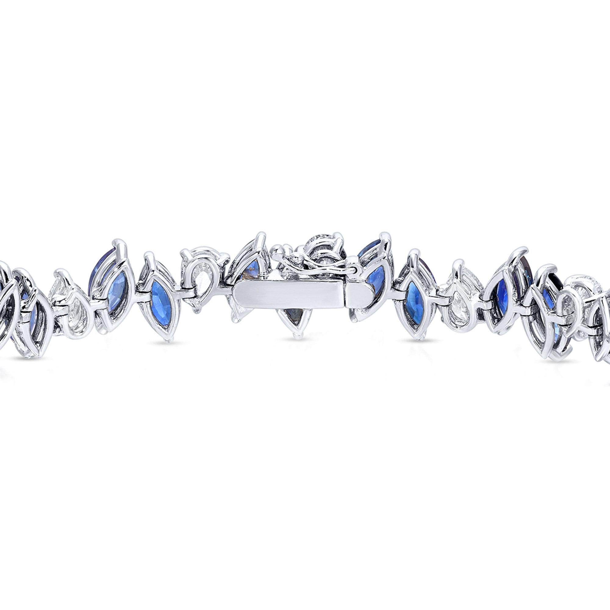 Marquise Cut Marquise Blue Sapphires and Pear Diamonds Tennis Bracelet 17.5 Carats 18K Gold For Sale
