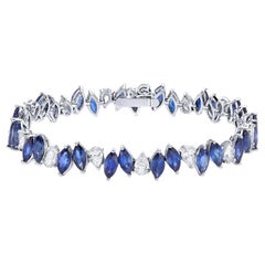 Marquise Blue Sapphires and Pear Diamonds Tennis Bracelet 17.5 Carats 18K Gold