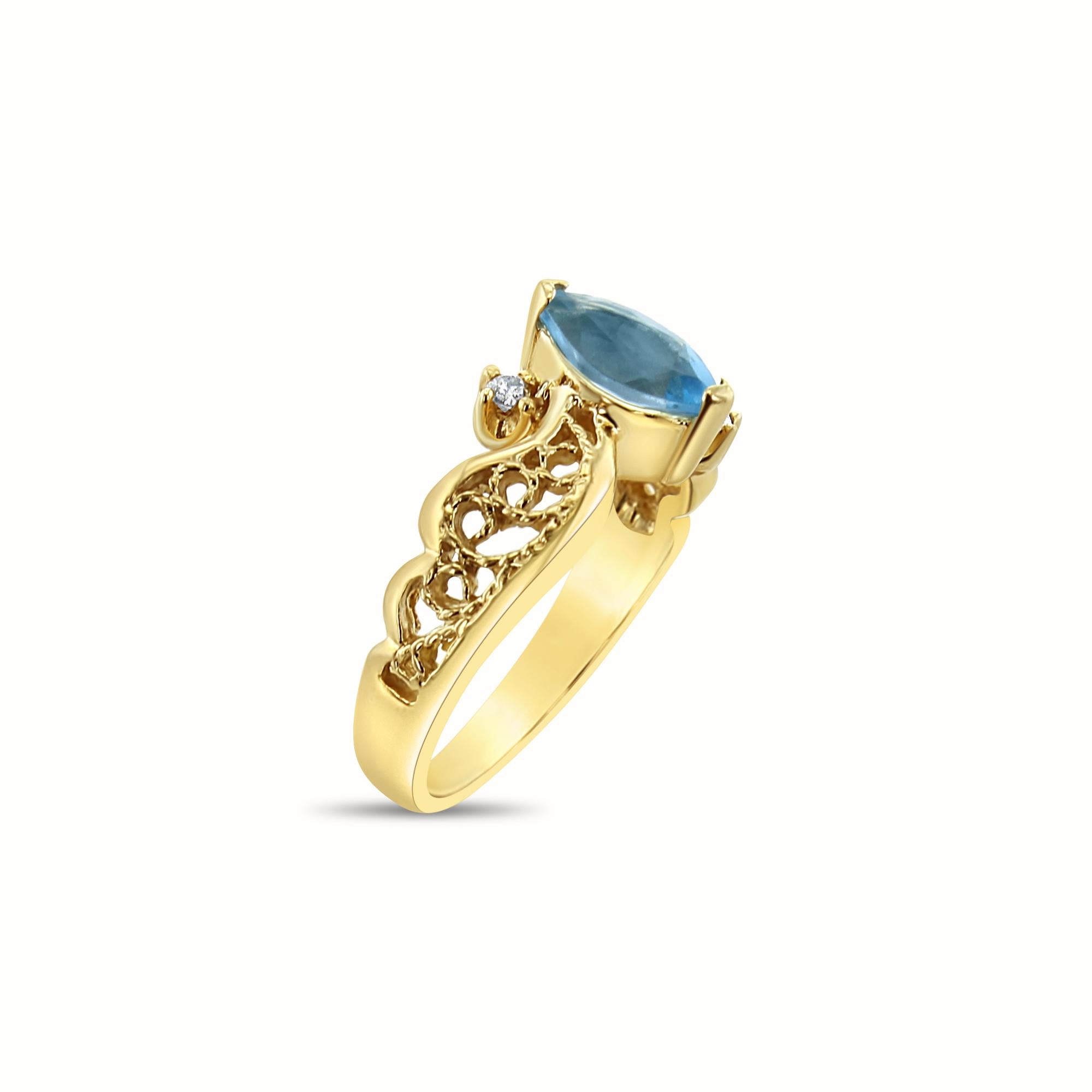 Marquise Blauer Topas Ring mit Diamant-Akzenten 14k Gelbgold (Marquiseschliff) im Angebot