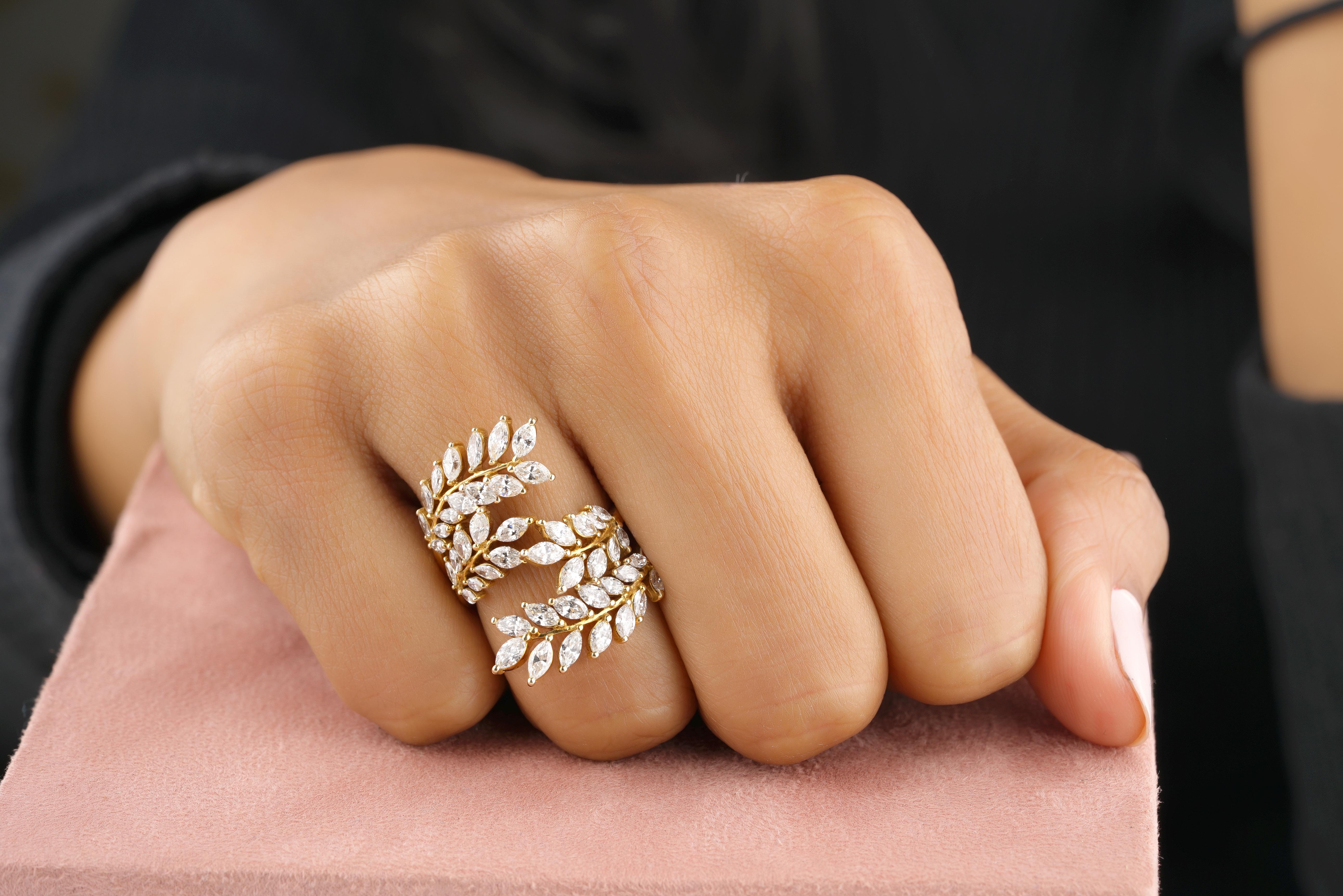Marquise Zweige & Blätter Diamantring in 14K massivem Gold (zertifiziert) im Angebot 2