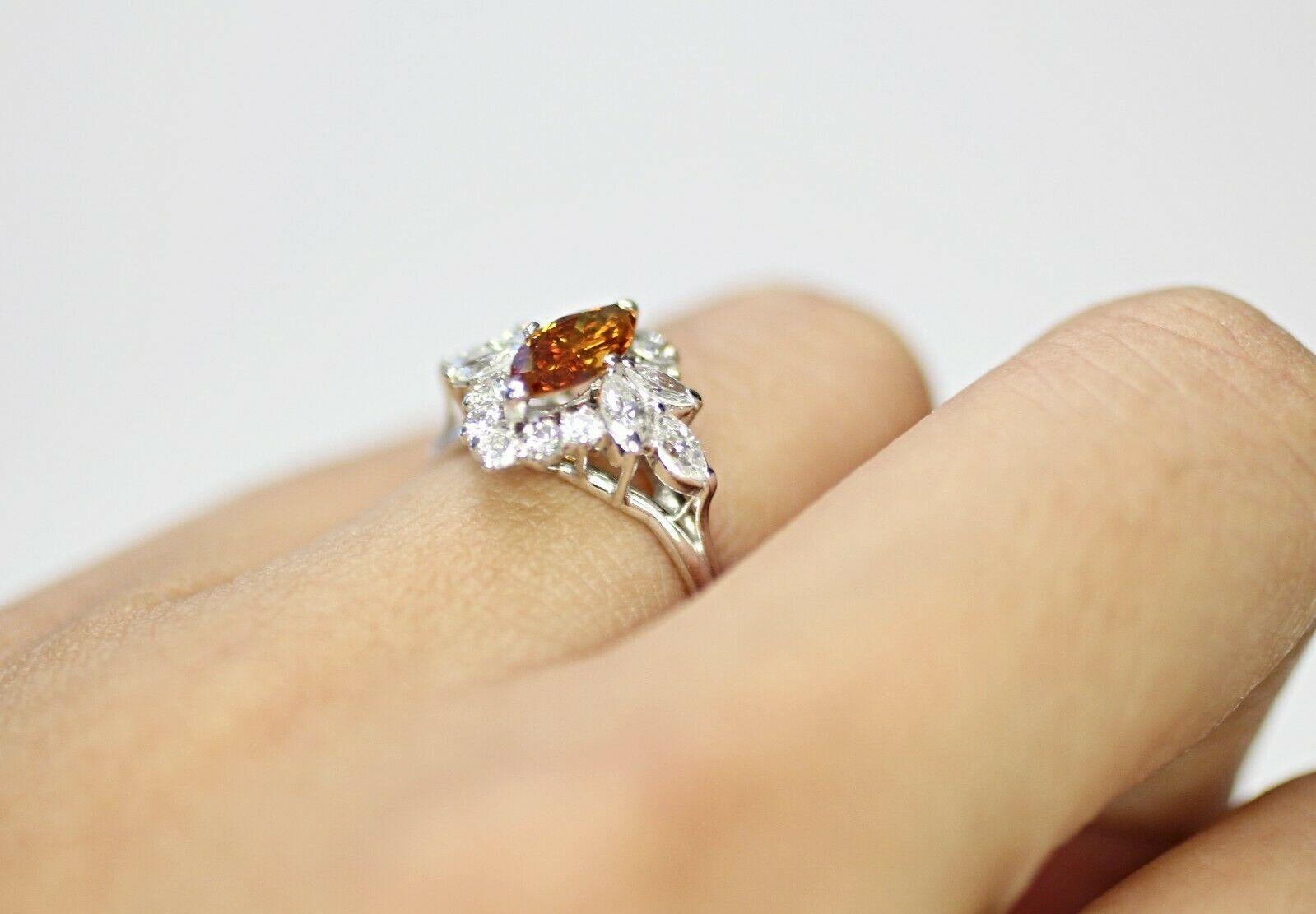 Women's or Men's Marquise Brilliant Fancy Orangy-Brown Color, SI2 in Clarity Diamond Ring
