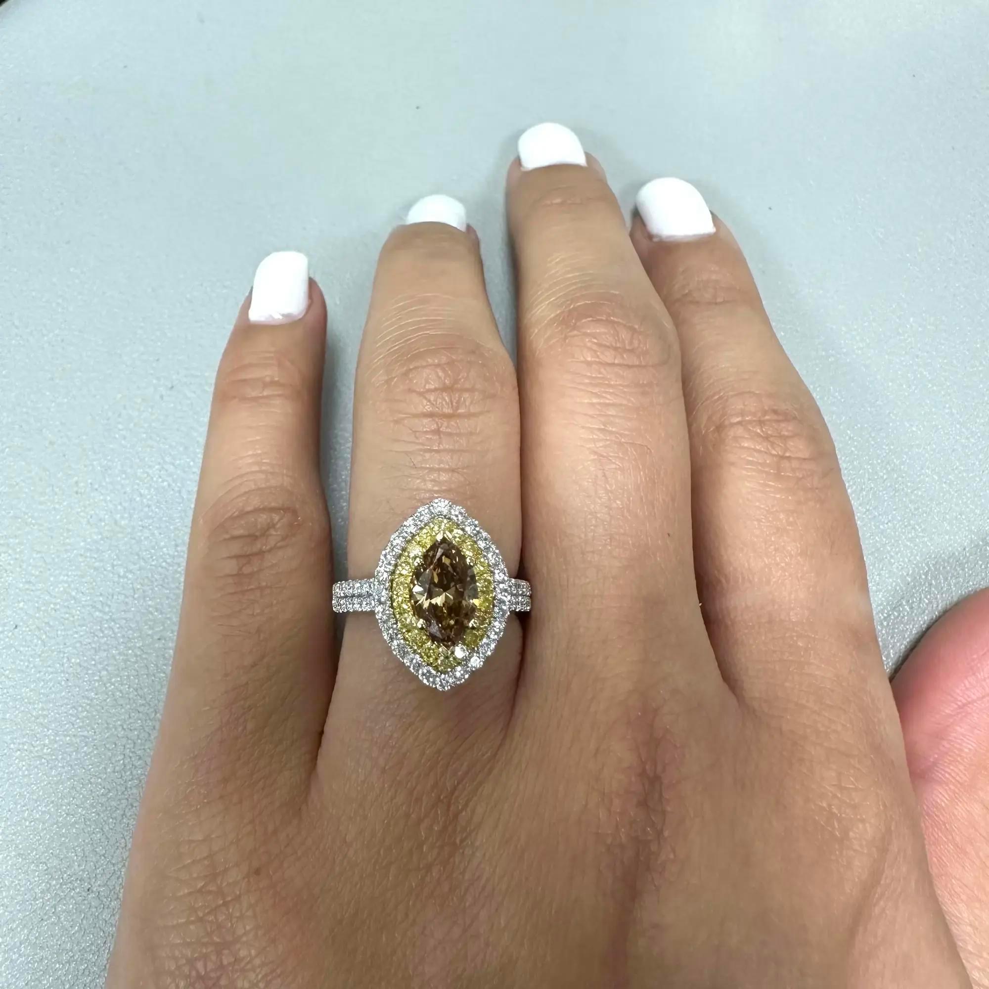 Marquise Cut Marquise Brown Yellow & White Diamond Cocktail Ring 18K White Gold Size 6.5 For Sale