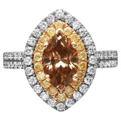 Marquise Brown Yellow & White Diamond Cocktail Ring 18K White Gold Size 6.5