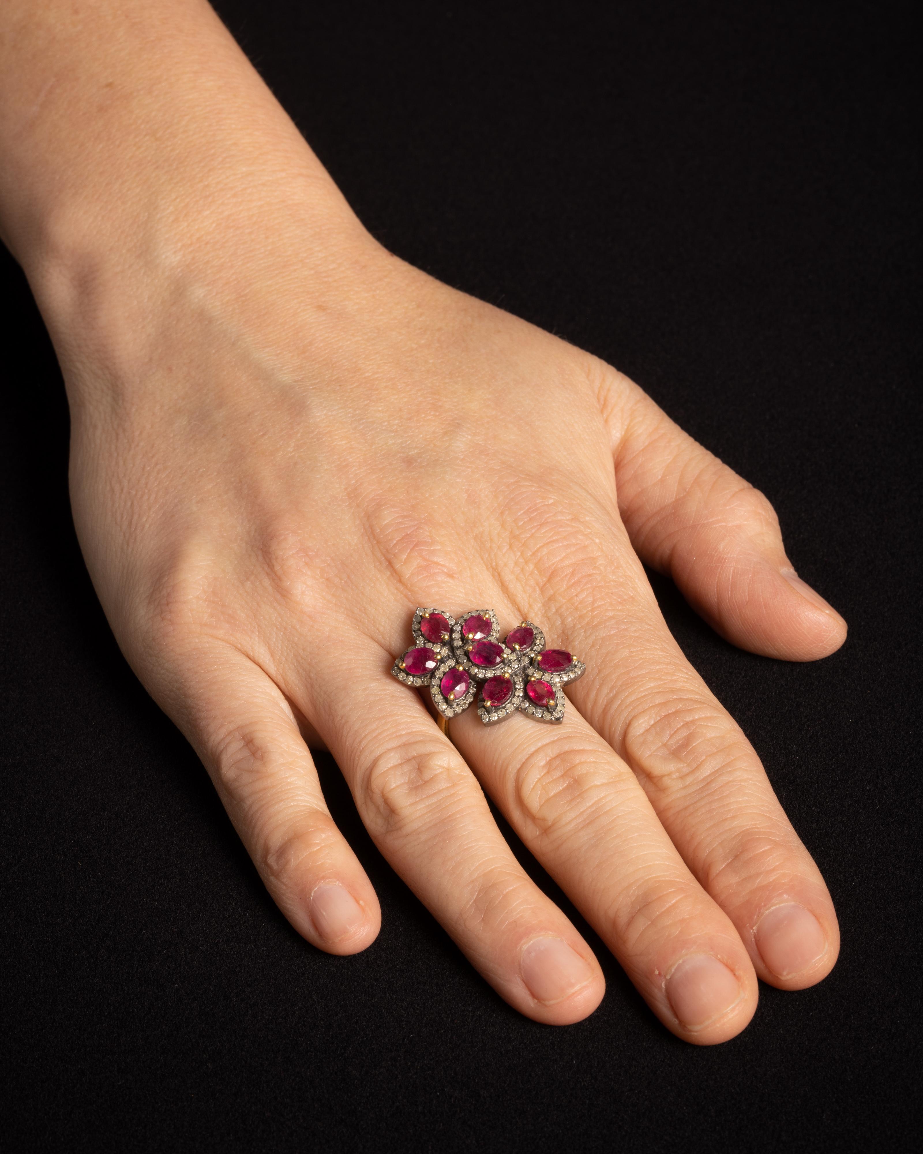 Marquise Burmese Pink Rubies and Diamond Flower Cocktail Ring In Excellent Condition For Sale In Nantucket, MA