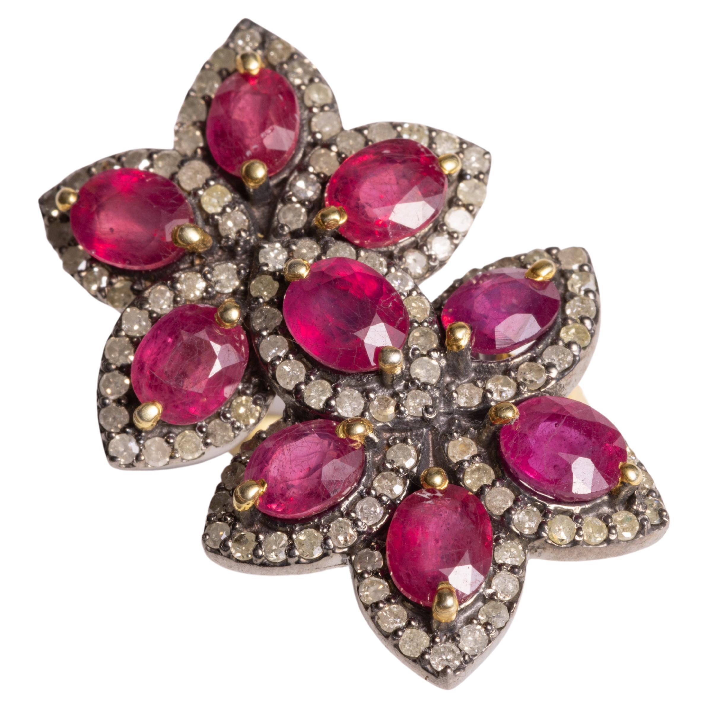 Marquise Burmese Pink Rubies and Diamond Flower Cocktail Ring For Sale
