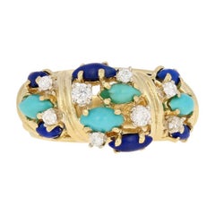 Marquise Cabochon Cut Turquoise, Lapis, and Diamond Vintage Ring 18k Yellow Gold