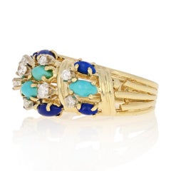 Marquise Cabochon Cut Turquoise, Lapis, and Diamond Vintage Ring 18k Yellow Gold