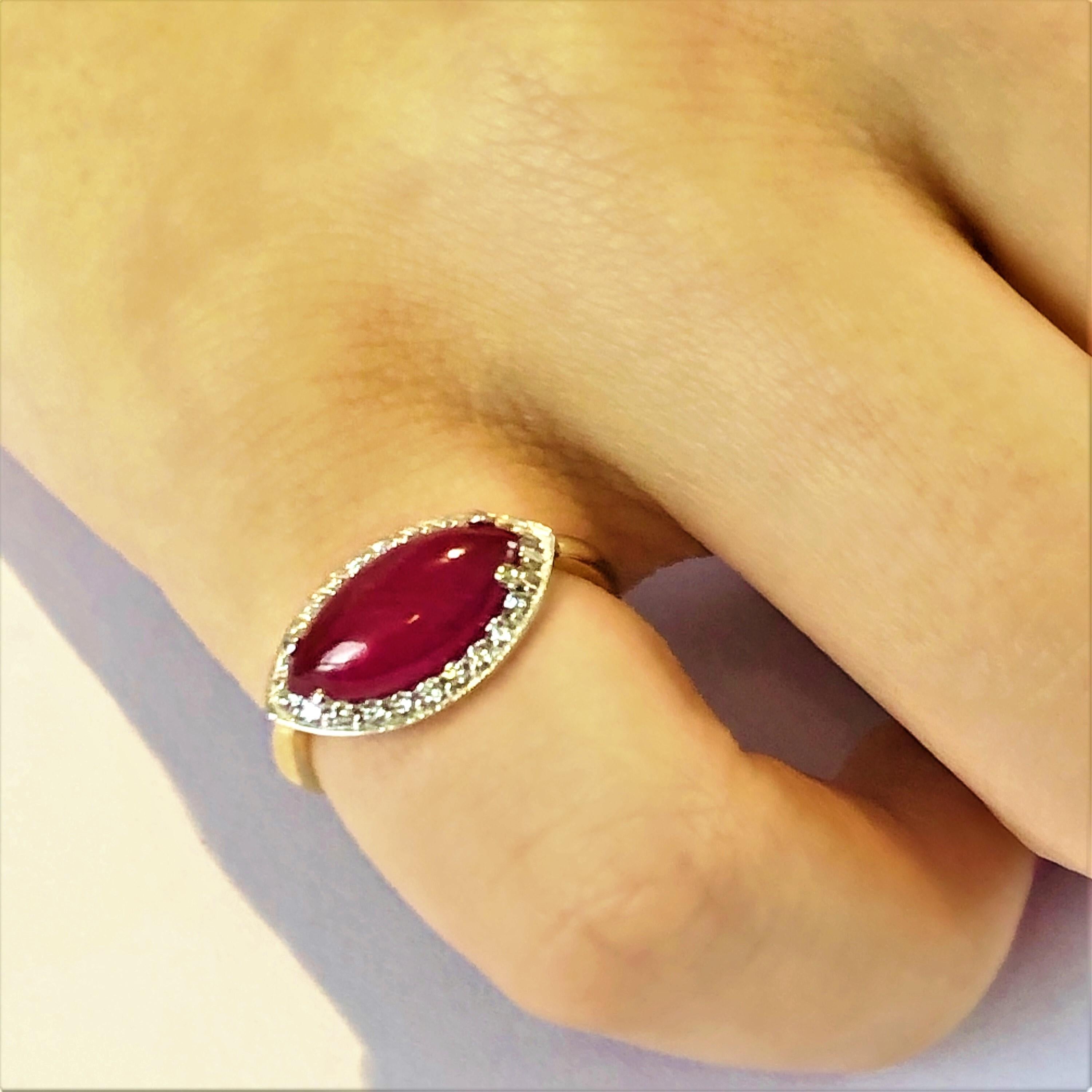 Marquise Cabochon Ruby Set in 18 Karat Yellow and White Gold Cocktail Ring In New Condition In New York, NY