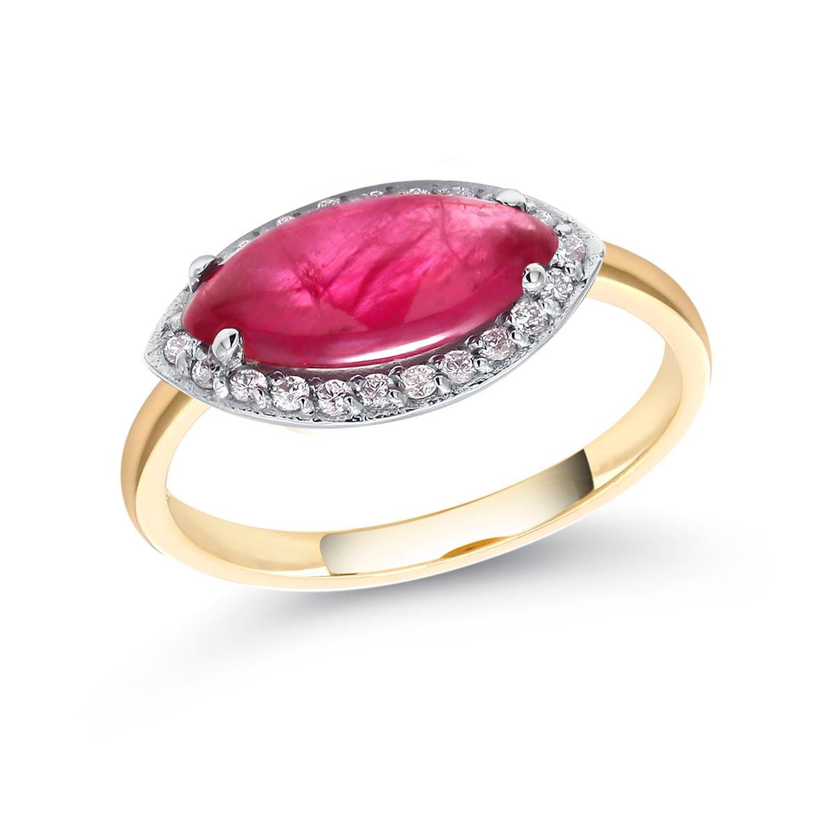 Women's Marquise Cabochon Ruby Set in 18 Karat Yellow and White Gold Cocktail Ring