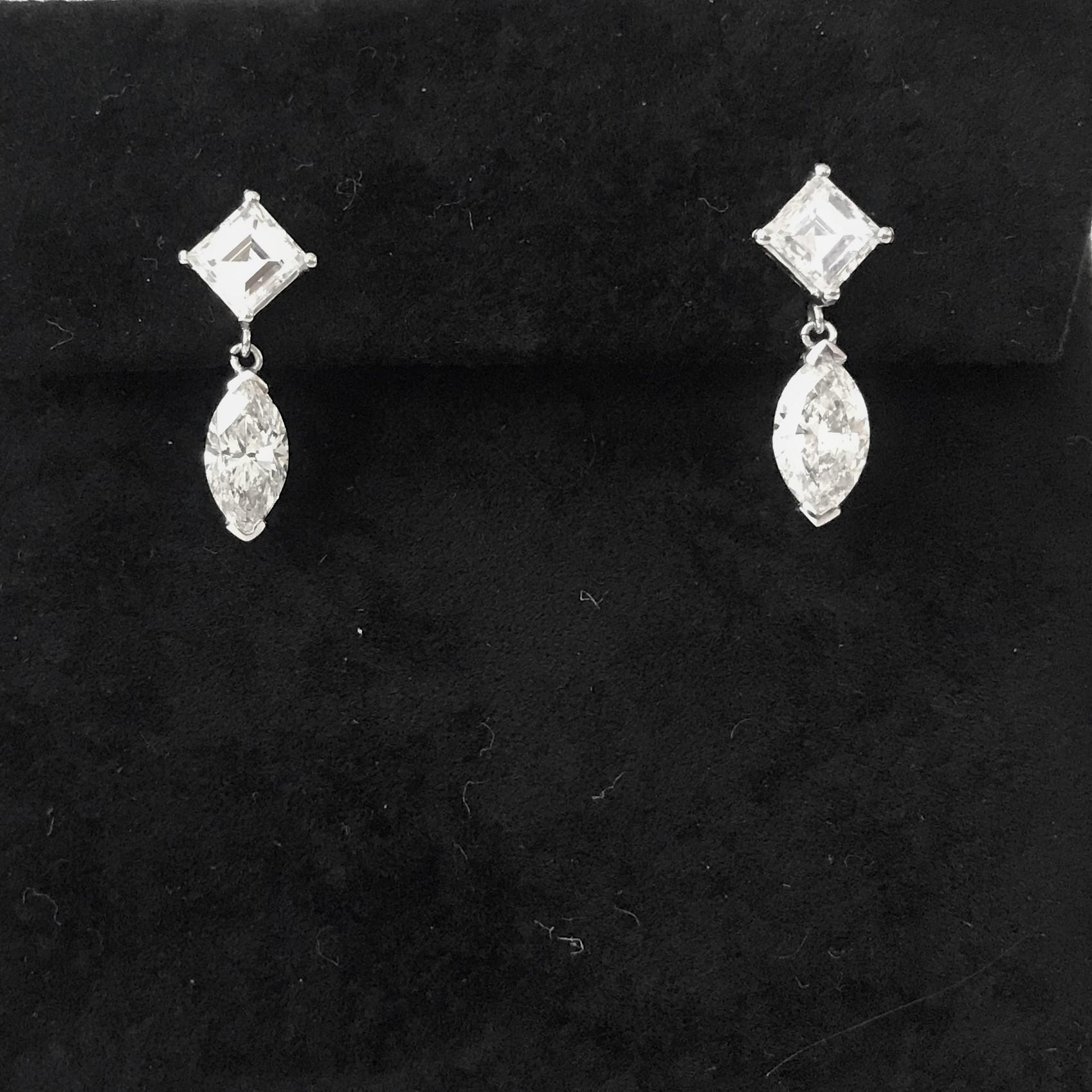Contemporary Marquise Carre 2.29 Carat Diamond 18 Karat White Gold Drop Earrings For Sale