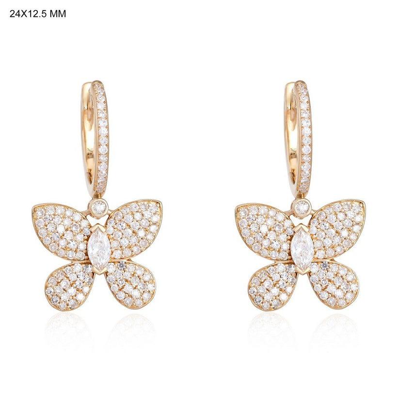 Modern Marquise Center 14K Yellow Gold Pave Butterfly Drop Earrings For Sale