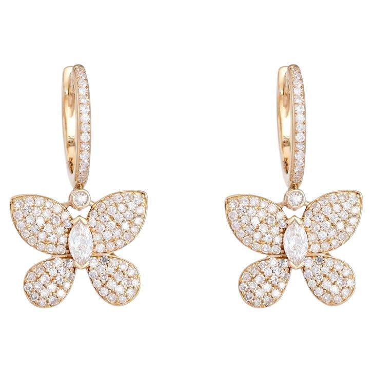 Marquise Center 14K Yellow Gold Pave Butterfly Drop Earrings