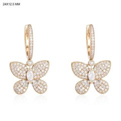 Boucles d'oreilles pendantes papillon en or jaune 14K avec centre en forme de marquise et pavé
