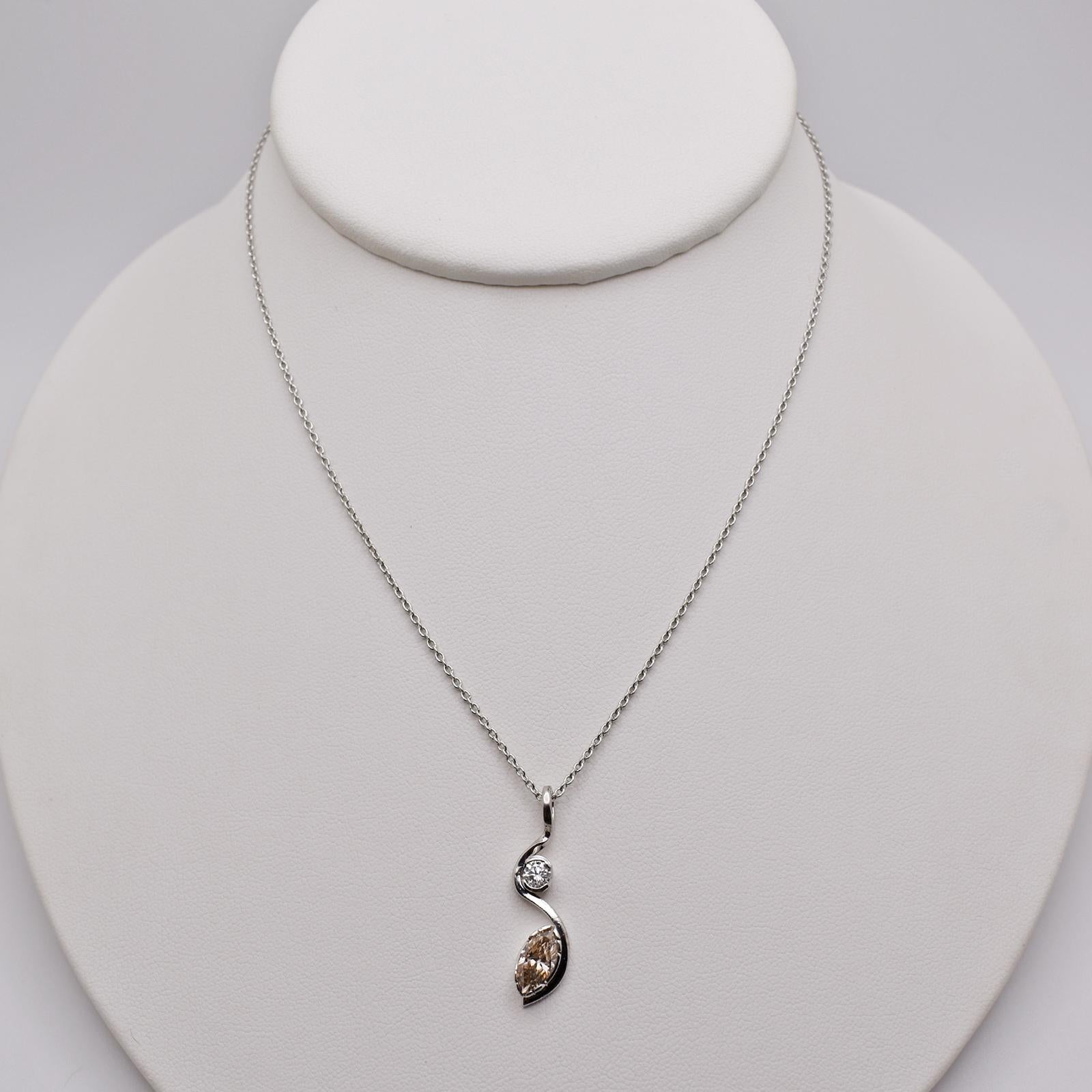 Marquise Champagne Diamond 14 Karat White Gold Pendant Necklace In Excellent Condition For Sale In Naples, FL