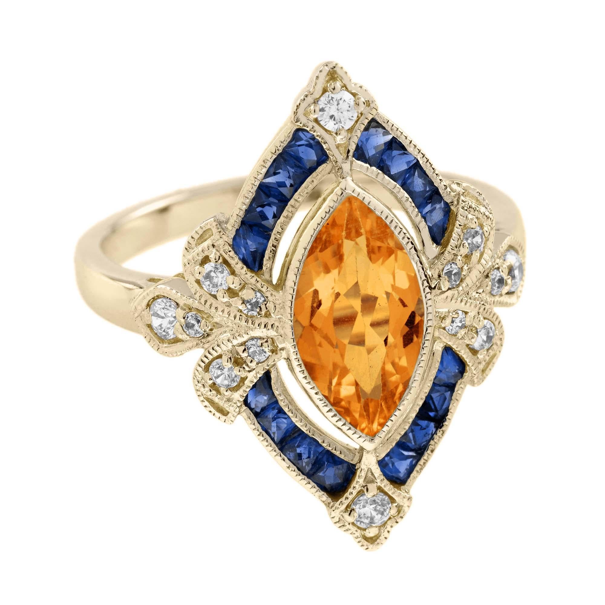 Art Deco Marquise Citrine Sapphire Diamond Antique Style Cocktail Ring in 14K Yellow Gold