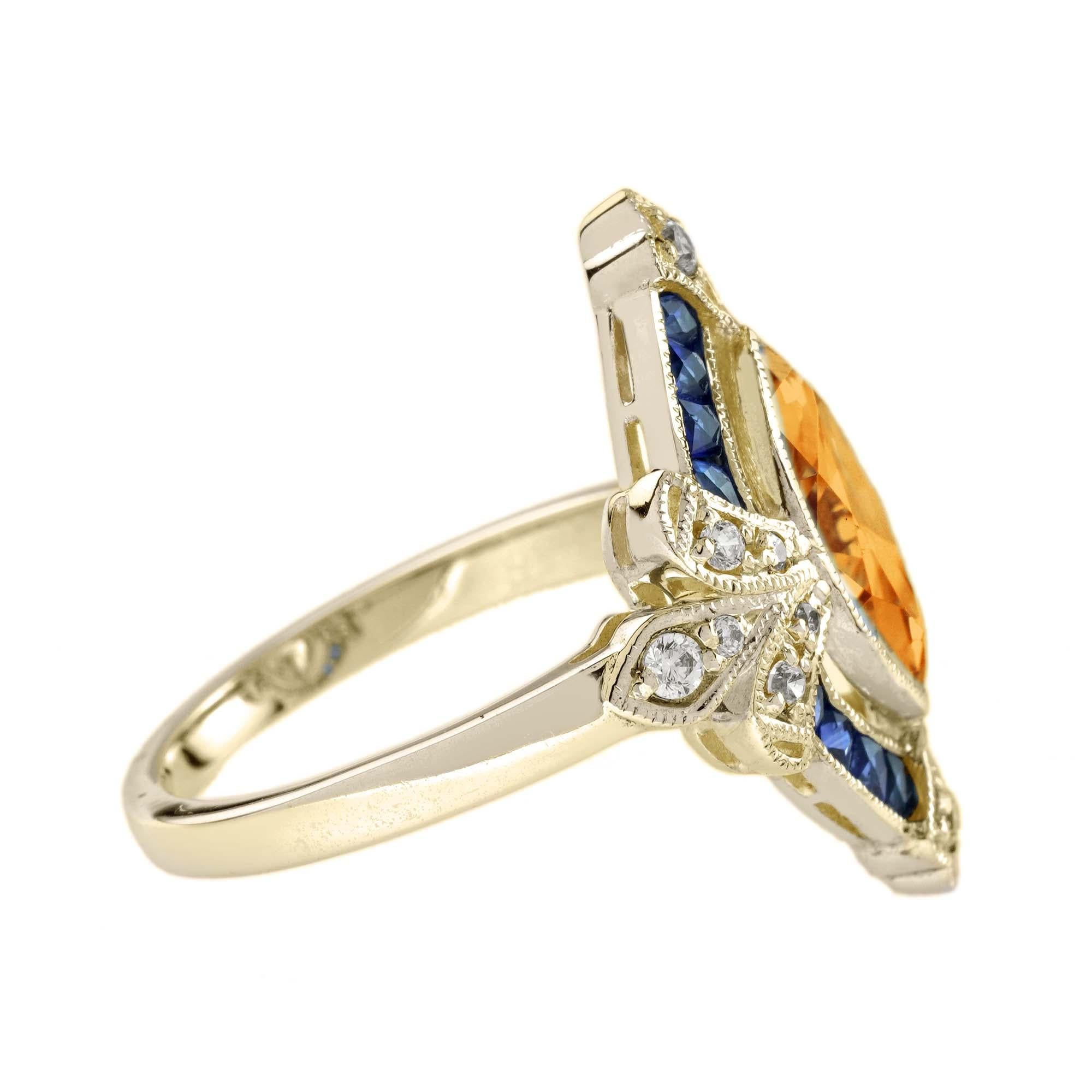 Marquise Cut Marquise Citrine Sapphire Diamond Antique Style Cocktail Ring in 14K Yellow Gold