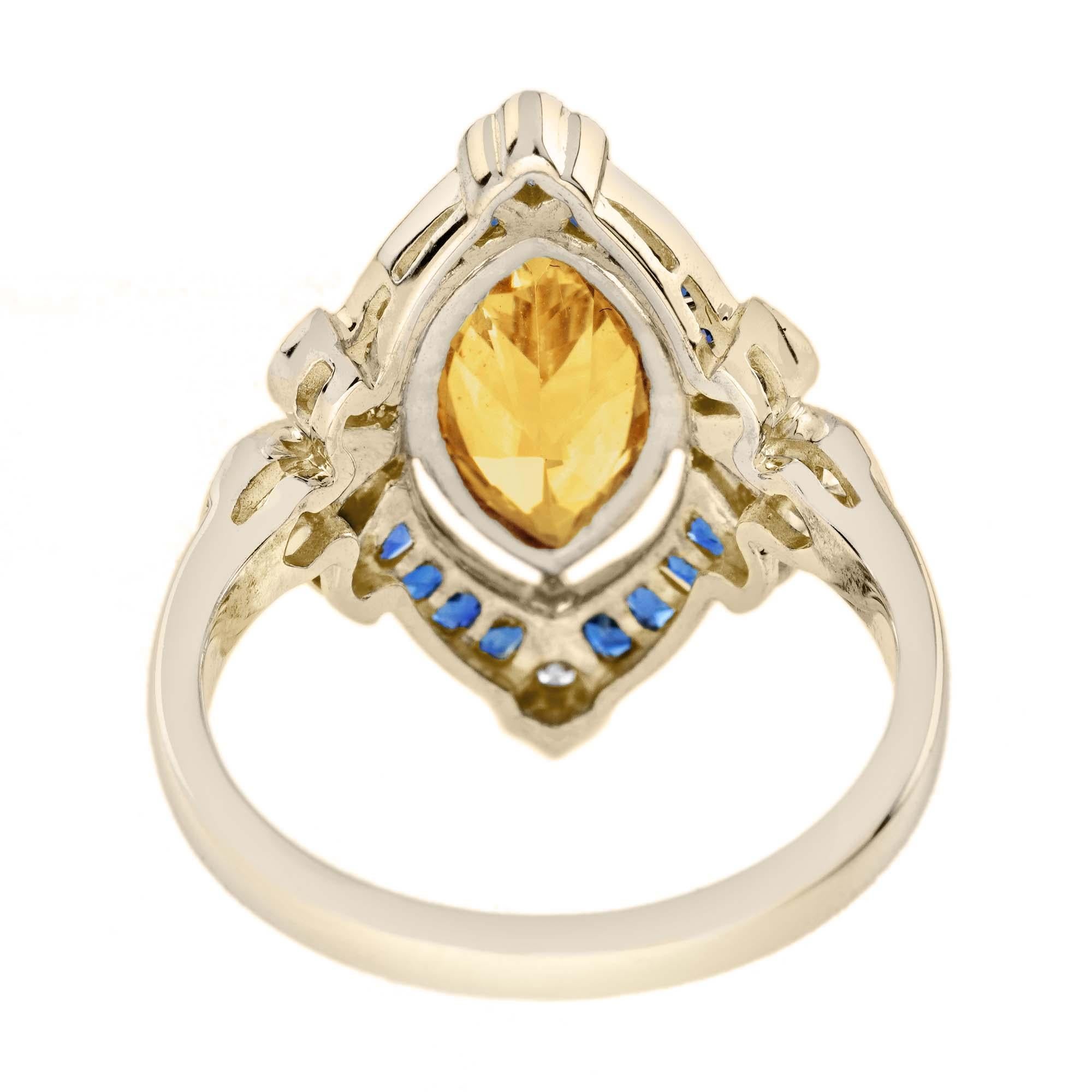 Marquise Citrine Sapphire Diamond Antique Style Cocktail Ring in 14K Yellow Gold In New Condition In Bangkok, TH