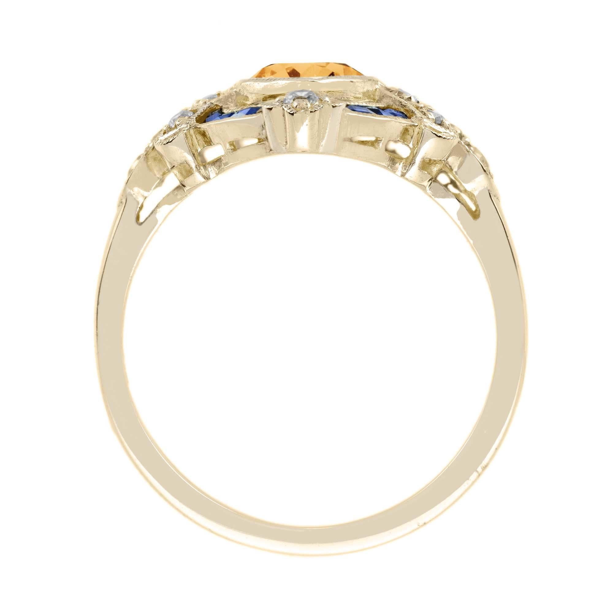 Women's Marquise Citrine Sapphire Diamond Antique Style Cocktail Ring in 14K Yellow Gold