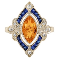 Anillo de Cóctel Marquesa Citrino Zafiro Diamante Estilo Antiguo en Oro Amarillo de 14K