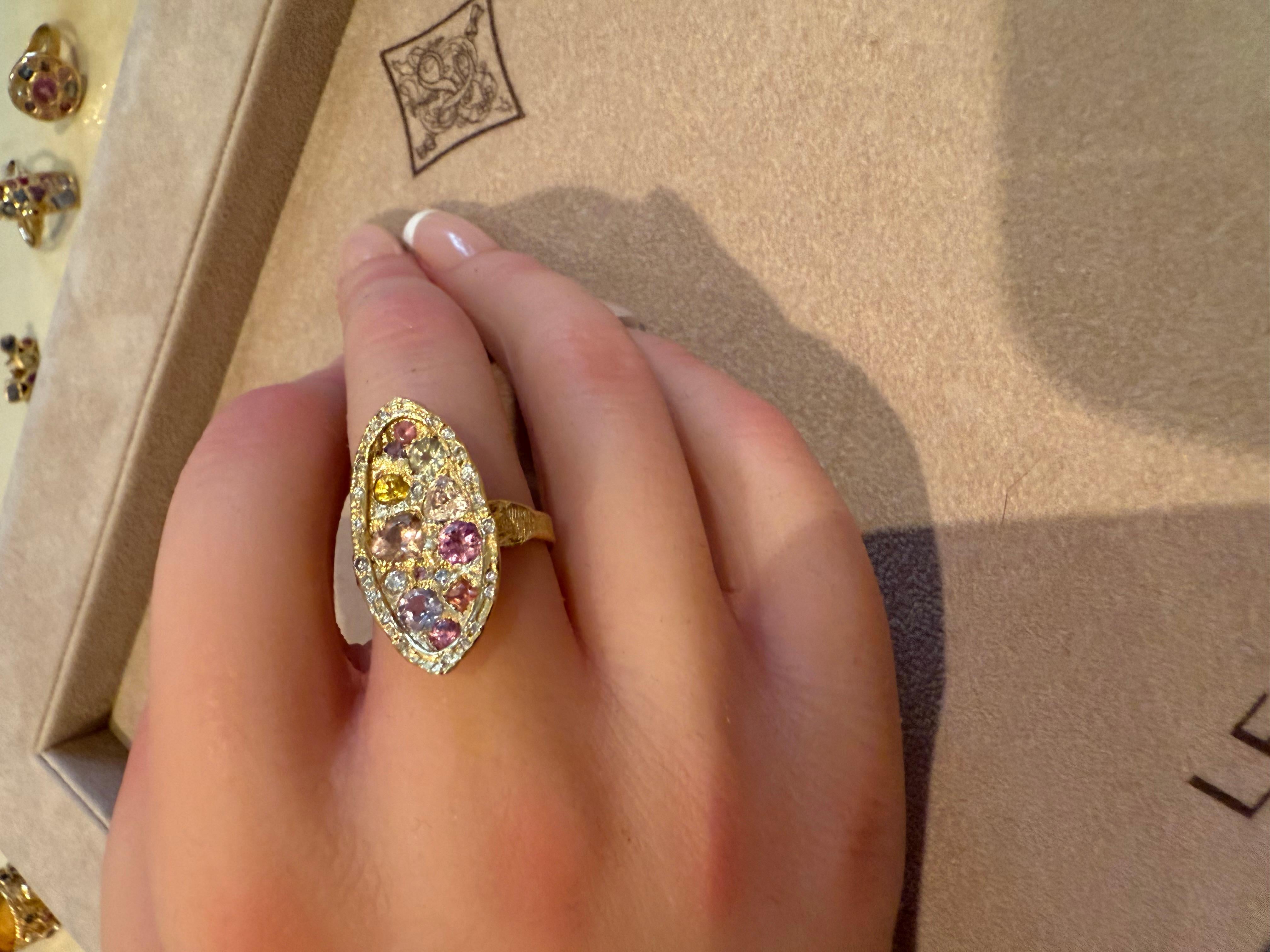 Leto Lama Marquise Cocktail Ring Geometric Sapphires with Diamonds 18 Ct Gold For Sale 6