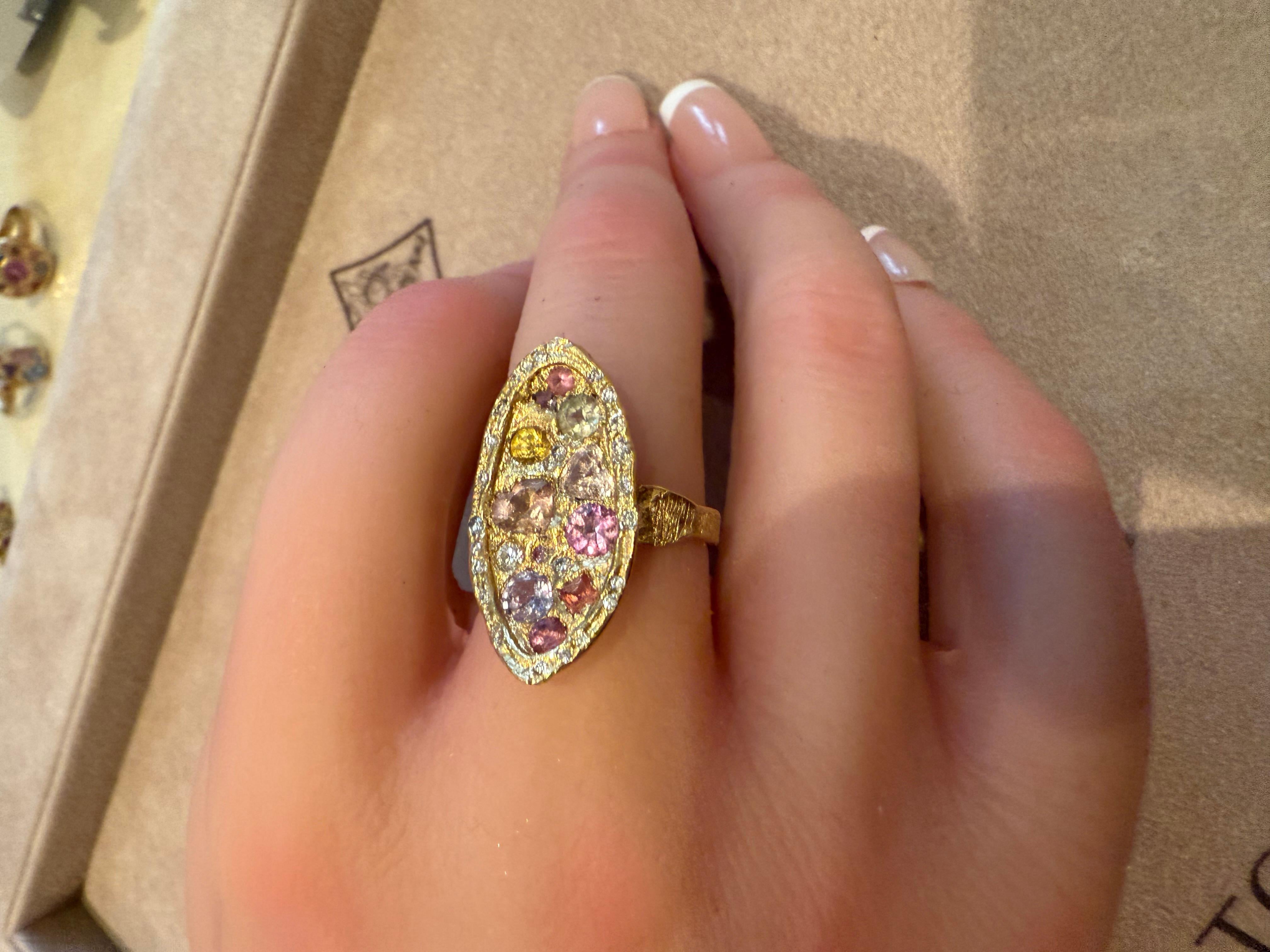 Leto Lama Marquise Cocktail Ring Geometric Sapphires with Diamonds 18 Ct Gold For Sale 7