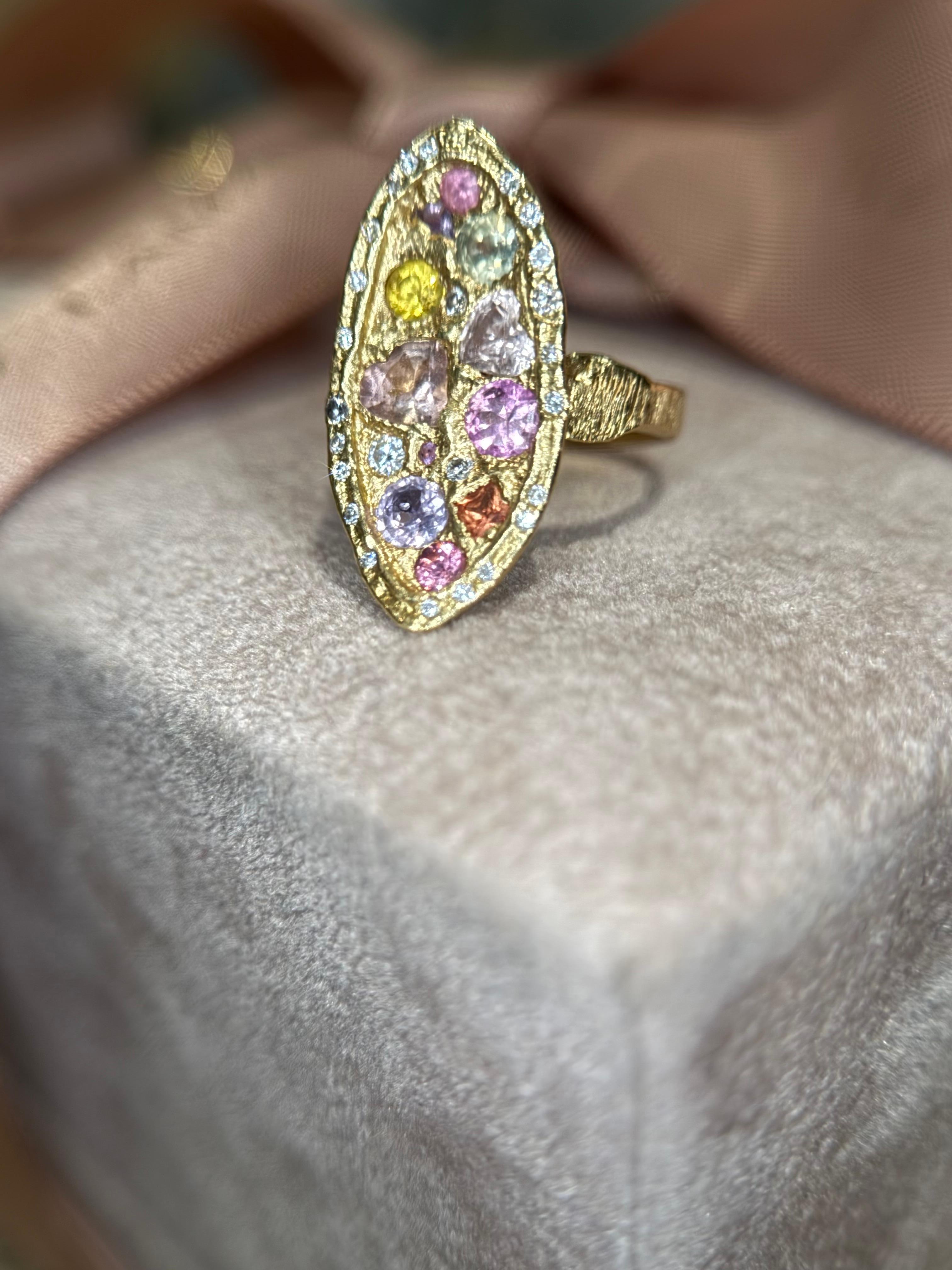 Marquise Cut Leto Lama Marquise Cocktail Ring Geometric Sapphires with Diamonds 18 Ct Gold For Sale