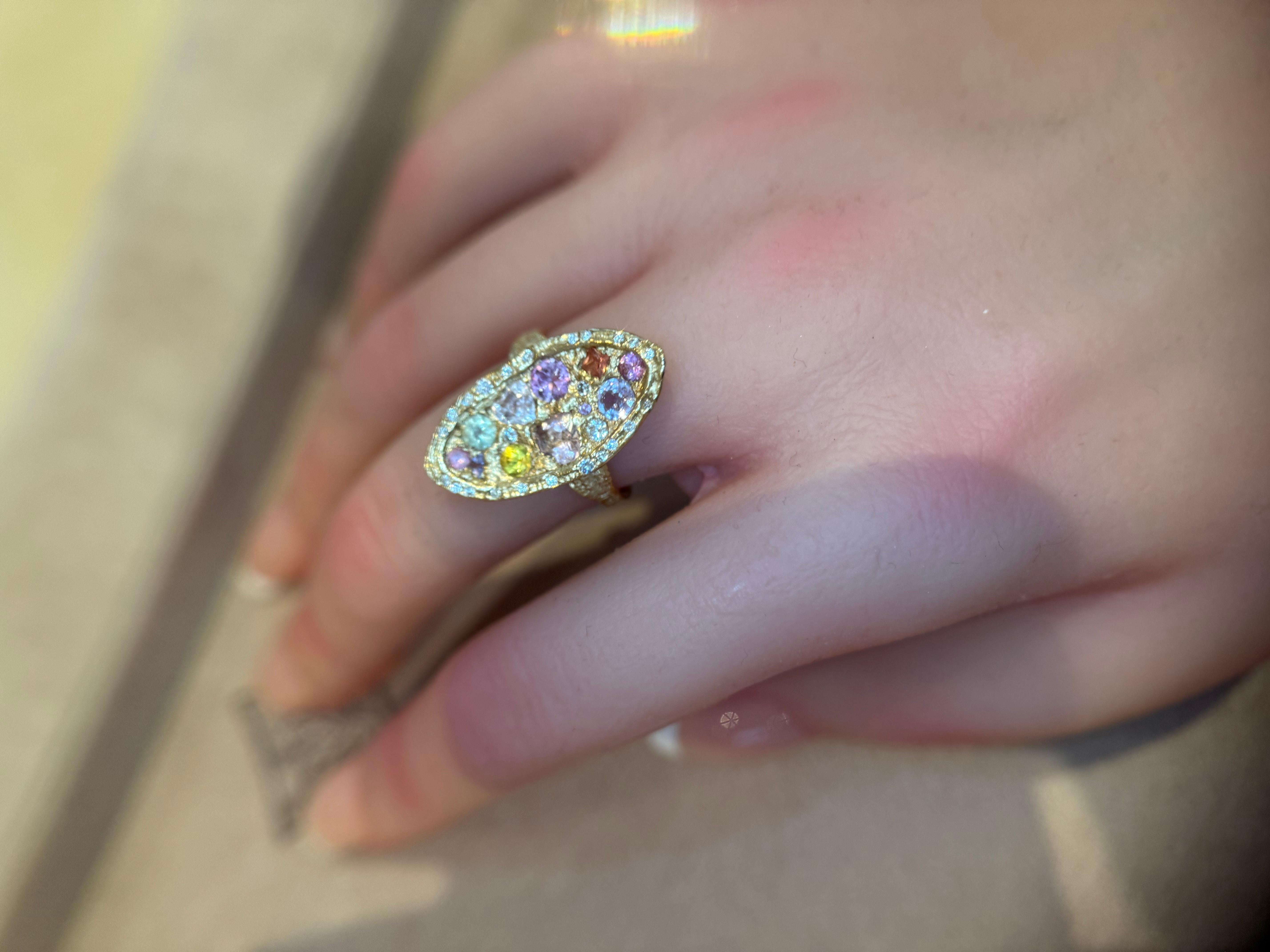 Leto Lama Marquise Cocktail Ring Geometric Sapphires with Diamonds 18 Ct Gold For Sale 3