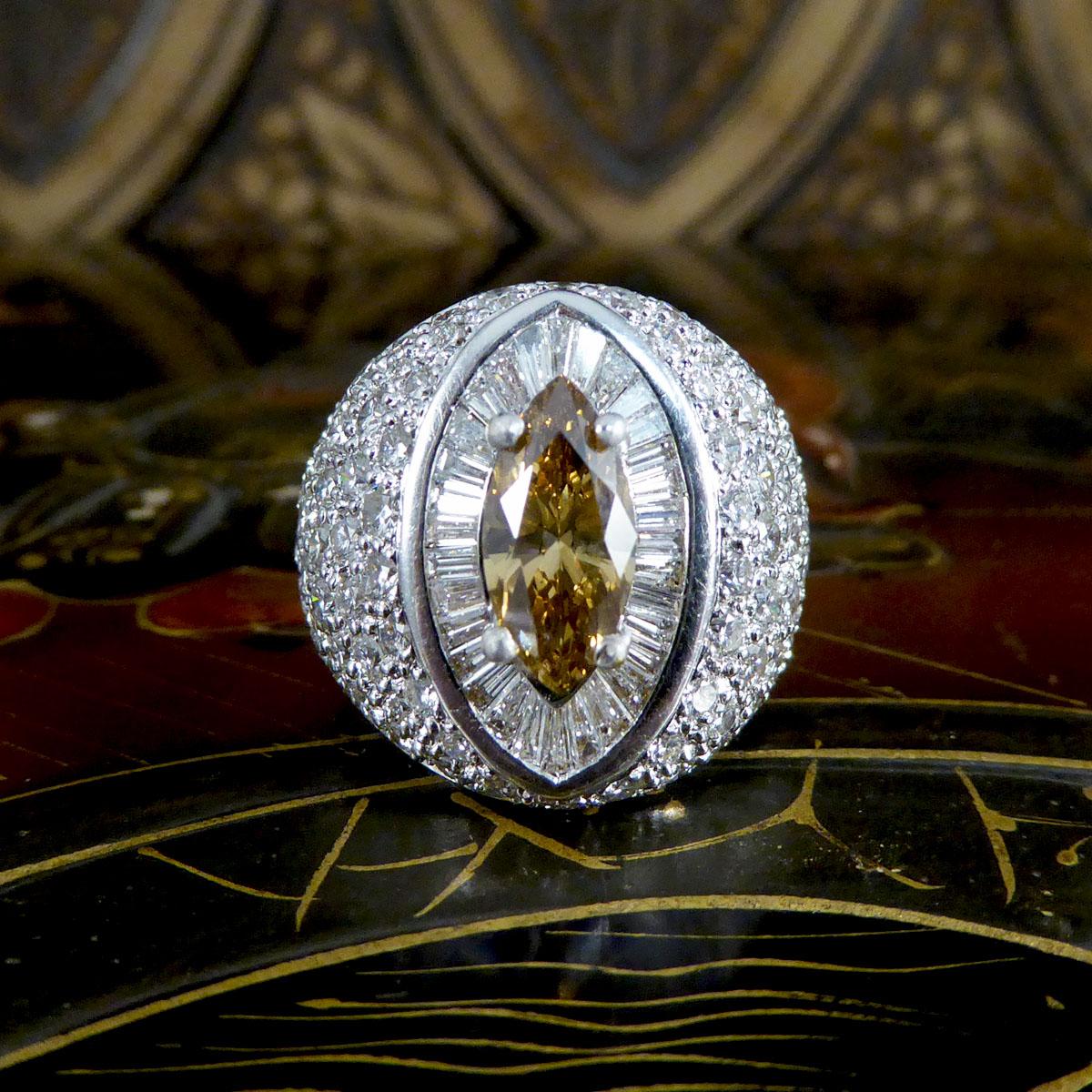 Marquise Cognac Diamond Cluster Dome Ring in 18ct White Gold In Good Condition In Yorkshire, West Yorkshire
