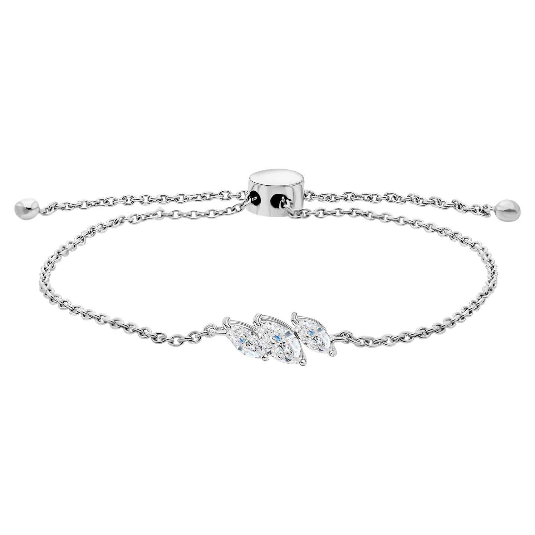 Marquise Cut 0.44 Carat Diamond Adjustable Bolo Clasp Bracelet 18K White Gold