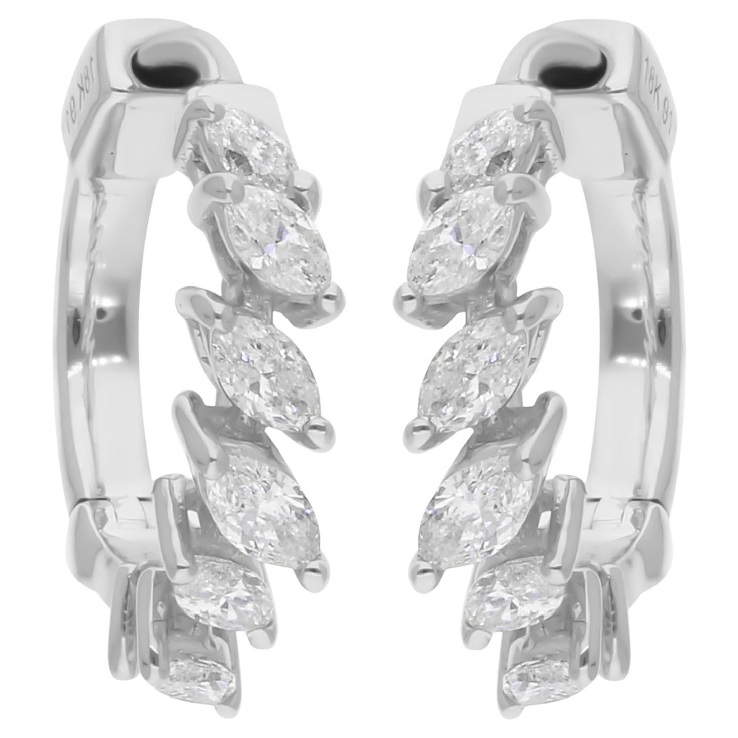 Marquise Cut 0.55Ct Natural Diamond Huggies Hoop Earrings 14K White Gold Jewelry