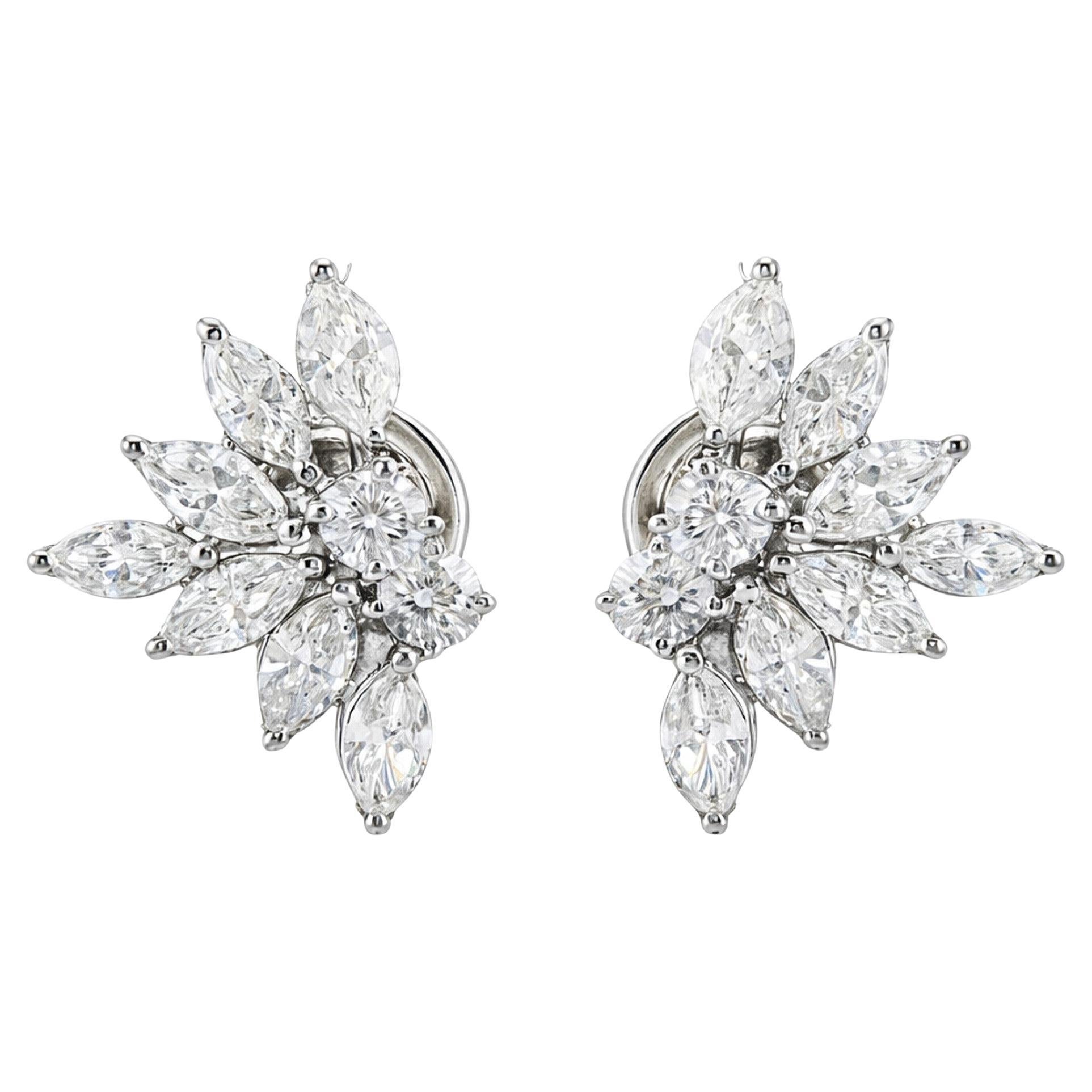 Natural Diamond Floral Cluster Earrings 1.68 Carats in 18K White Gold