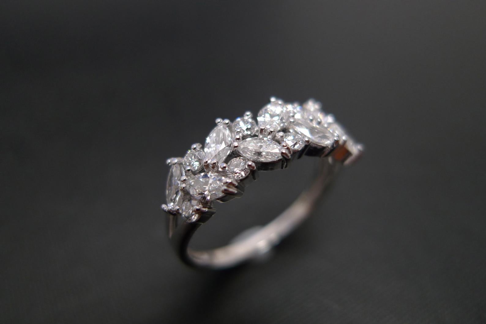 For Sale:  Marquise Cut and Round Brilliant Cut Diamond Unique Wedding Ring 18k White Gold 2