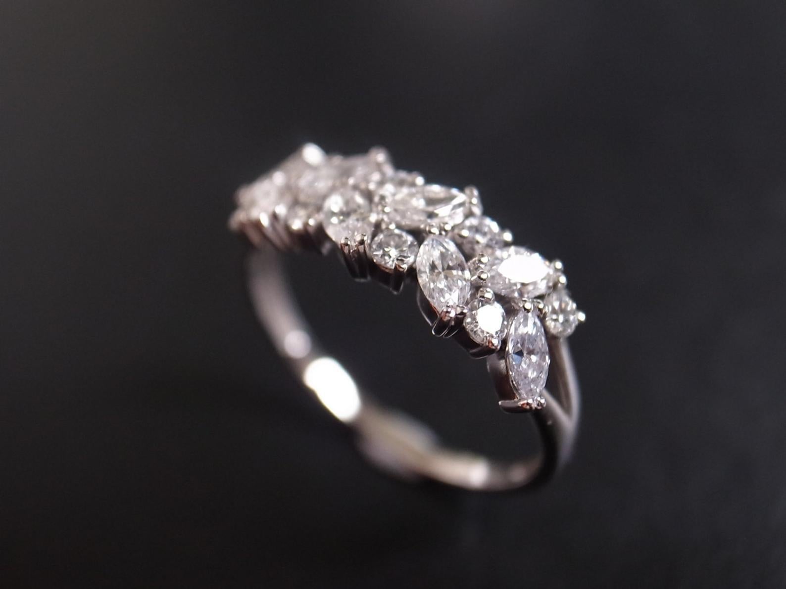 Modern Marquise Cut and Round Brilliant Cut Diamond Unique Wedding Ring 18k White Gold